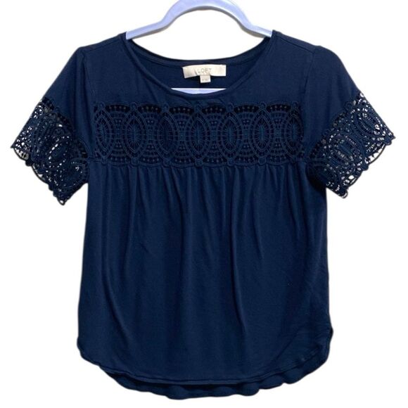 LOFT Navy Crochet Lace Yoke & Sleeve Blouse XS Boho Feminine Style - Picture 1 of 12